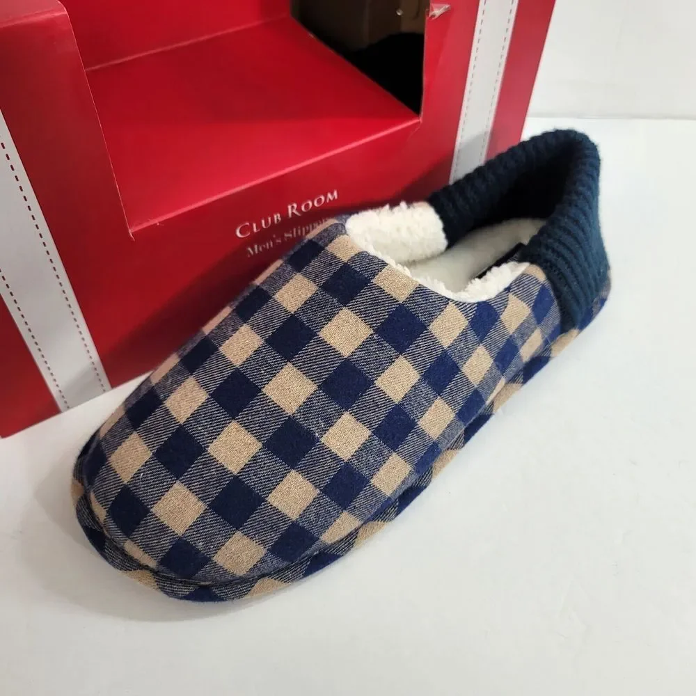 Club Room Gingham‎ Convertible Mule Slipper Mens Large 10-11 Navy & Beige NEW